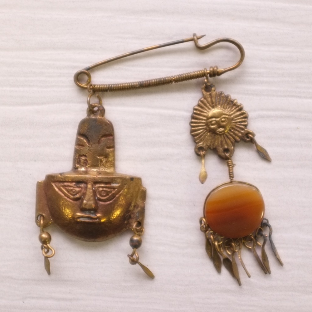 vintage aztec pin | 60s vintage mayan dangle pin